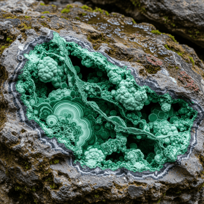 Naturalistic scene featuring Malachite in its typical geological environment, as categorized by minerals