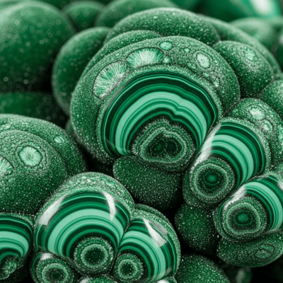 Macro shot of Malachite, of the taxonomy minerals, showing detailed crystal structure and surface texture