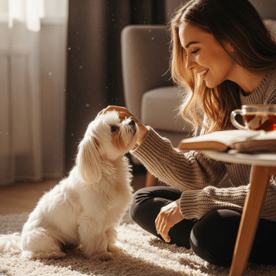 Image of a Maltese interacting with humans in a typical cultural or domestic setting