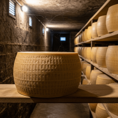 A whole wheel or block of Manchego, shown in an artisanal cellar or aging environment typical for this cheese