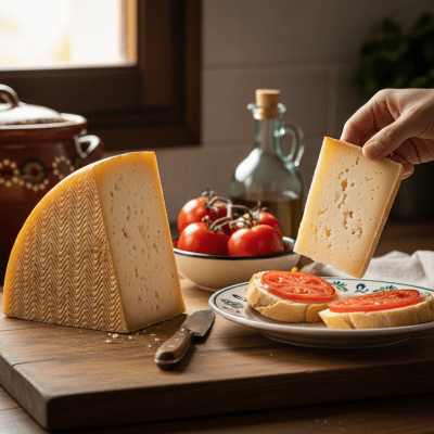 A piece of Manchego being used in a classic culinary preparation or dish where it is commonly featured