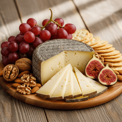 A serving of Manchego arranged as part of a traditional cheese platter with fruits, nuts, and crackers