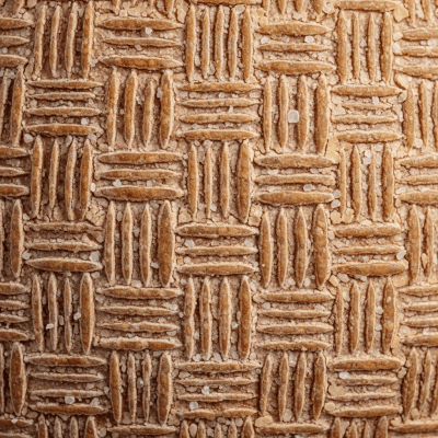 A close-up macro photograph of the rind and surface texture of a Manchego