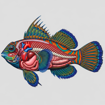 Detailed anatomical illustration of a Mandarinfish, part of the taxonomy fish
