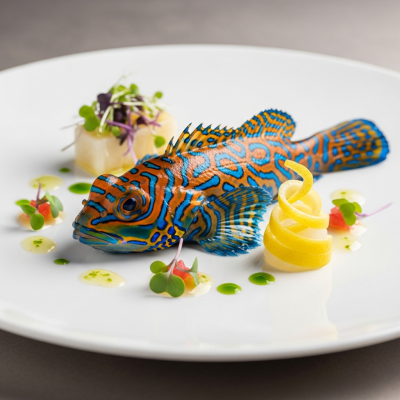 A culinary presentation featuring a prepared dish made with Mandarinfish, of the taxonomy fish