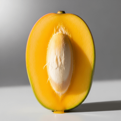 A close-up image showing a cross-section of the Mango, belonging to the fruits taxonomy