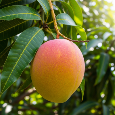 A photograph of a fresh Mango from the fruits taxonomy as it appears in its natural growing environment, such as on a tree, bush, or vine