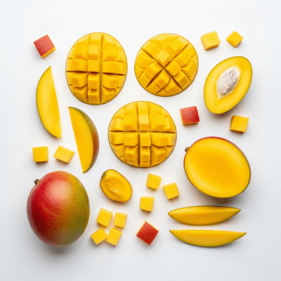 An overhead view photograph of several pieces of the Mango, from the fruits taxonomy, arranged aesthetically on a plain background