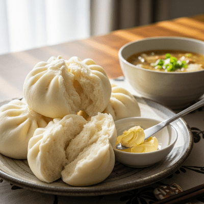 Photograph of Mantou, shown being served or eaten as part of a meal