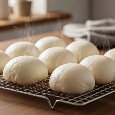 Photograph of freshly baked Mantou, cooling on a wire rack