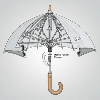 Detailed cross-sectional illustration of a Manual Folding Umbrella, showing the internal structure such as ribs, shaft, and canopy fabric