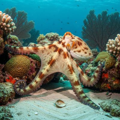 A realistic underwater scene featuring a Maori Octopus of the taxonomy octopuses in its natural marine environment