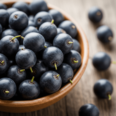 A high resolution image of several fresh Maqui Berrys arranged in a simple bowl, representing their use within the taxonomy berries