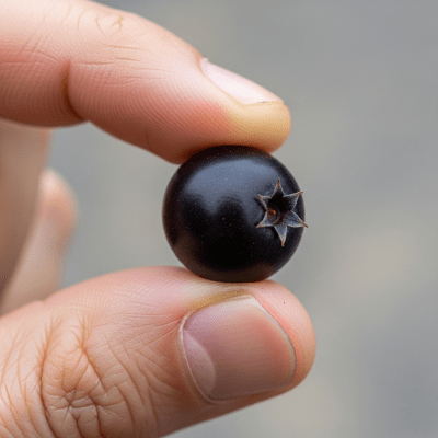 A factual photograph of a hand holding a ripe Maqui Berry, illustrating its size and appearance for the taxonomy berries