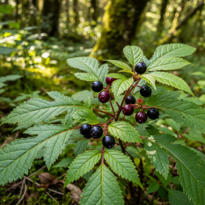 A naturalistic photograph of a Maqui Berry growing on its plant in its typical environment, representing the taxonomy berries