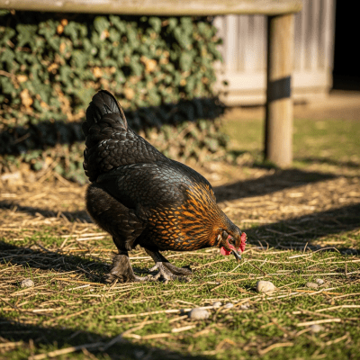 Naturalistic image of a Marans belonging to the chicken taxonomy in its typical outdoor environment