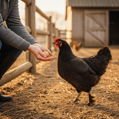 Photograph of a Marans from the chicken taxonomy interacting with humans in a typical farm setting