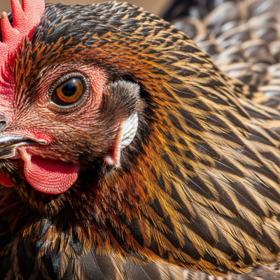 Close-up macro photograph highlighting the feather texture and coloration of a Marans from the chicken taxonomy