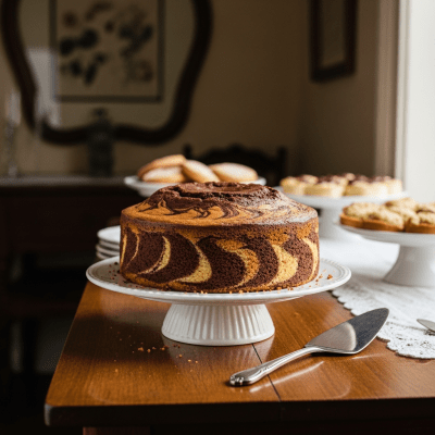 A realistic image of a whole Marble Cake (cake) displayed on a classic dessert table in a home or bakery setting