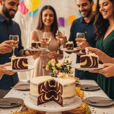 A scene showing the Marble Cake (cake) being served or enjoyed at a festive occasion, such as a birthday party or wedding