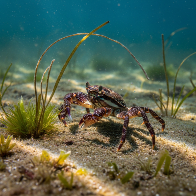 Photo-realistic underwater image of a live Marbled Crab, in the context of the taxonomy crabs