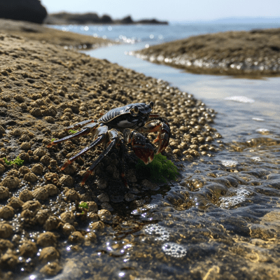 Naturalistic image of a Marbled Crab, belonging to the taxonomy crabs, in its typical habitat such as a shoreline, rocky tide pool, or mangrove