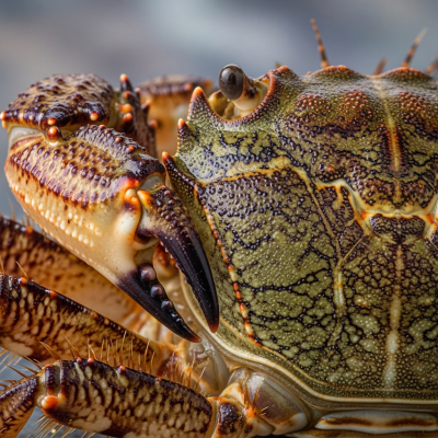 Close-up macro photograph of the shell texture and claws of a single Marbled Crab