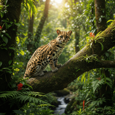 Photorealistic image of a Margay (felines) in its natural habitat