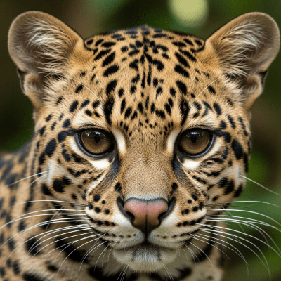 Close-up macro photograph focusing on the facial features and fur texture of a Margay
