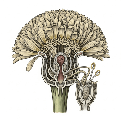 Cross-sectional illustration of a Marigold (flowers), showing internal parts such as stem, petals, and reproductive organs