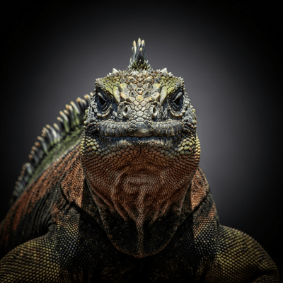 Editorial-style hero shot of a Marine Iguana (lizards), captured in dramatic lighting against a dark gradient background.
