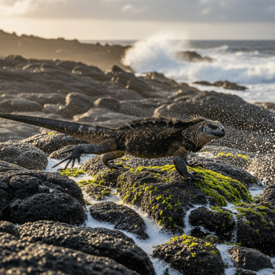 A dynamic action scene featuring a single Marine Iguana (lizards) running, climbing, or catching prey in its typical environment