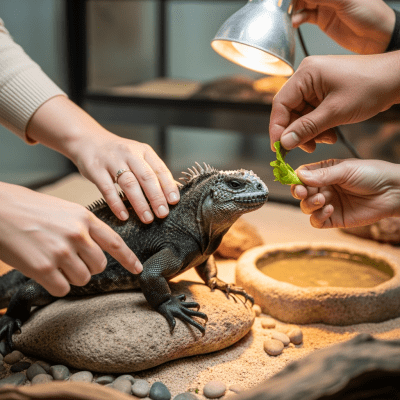 Image of a Marine Iguana interacting with humans in a responsible pet-keeping context