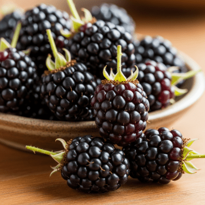 A high resolution image of several fresh Marionberrys arranged in a simple bowl, representing their use within the taxonomy berries