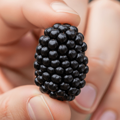 A factual photograph of a hand holding a ripe Marionberry, illustrating its size and appearance for the taxonomy berries