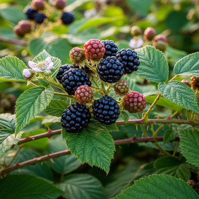A naturalistic photograph of a Marionberry growing on its plant in its typical environment, representing the taxonomy berries