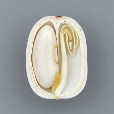A cross-sectional view of a single Marrow Bean (beans), sliced cleanly to reveal its internal structure and composition
