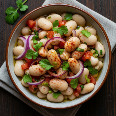 Image of cooked Marrow Bean (beans) presented as part of a traditional dish or cuisine, plated attractively and photographed from above