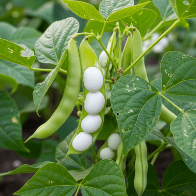 An image of Marrow Bean, belonging to the taxonomy beans, displayed in its natural environment—such as growing on a plant or vine, surrounded by leaves and soil