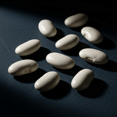 Editorial-style photograph of Marrow Bean, part of the taxonomy beans, arranged aesthetically on a dark background with dramatic lighting to highlight its shape and color.