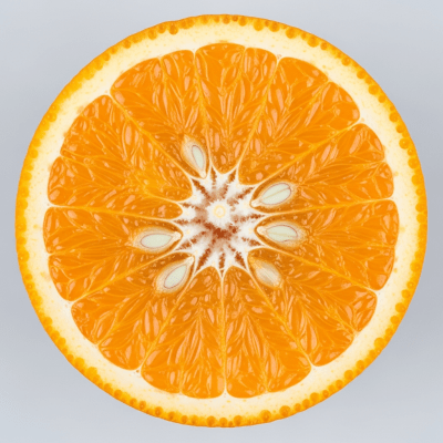A detailed close-up cross-sectional image of a Marrs Orange from the oranges taxonomy, sliced cleanly in half to reveal the interior segments, pulp, and rind structure