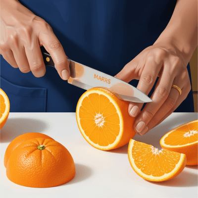 A realistic depiction of a Marrs Orange from the oranges taxonomy being used in a culinary context, such as being sliced on a cutting board or prepared for juice
