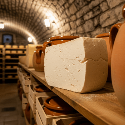 A whole wheel or block of Mascarpone, shown in an artisanal cellar or aging environment typical for this cheese