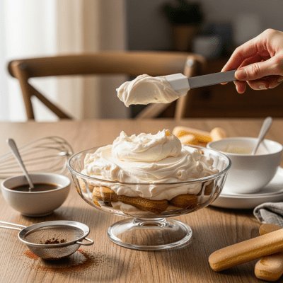 A piece of Mascarpone being used in a classic culinary preparation or dish where it is commonly featured