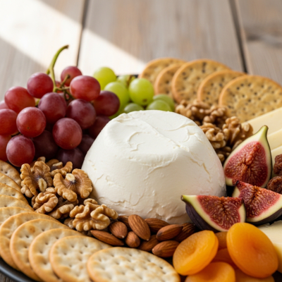 A serving of Mascarpone arranged as part of a traditional cheese platter with fruits, nuts, and crackers
