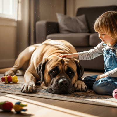 Image of a Mastiff interacting with humans in a typical cultural or domestic setting