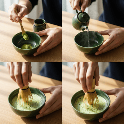 Step-by-step visual depiction showing the preparation process for Matcha, within the taxonomy teas