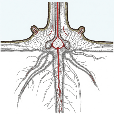 Cross-sectional illustration or photograph of a Matteuccia struthiopteris, showing internal structure such as rhizome, roots, and vascular bundles