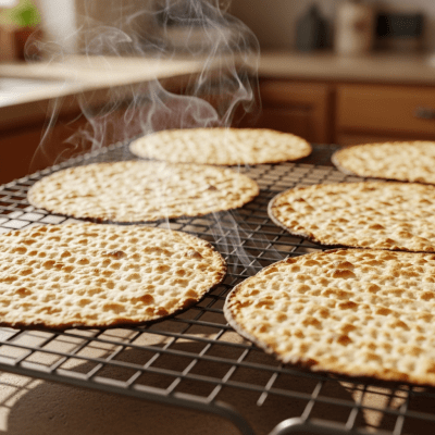 Photograph of freshly baked Matzo, cooling on a wire rack