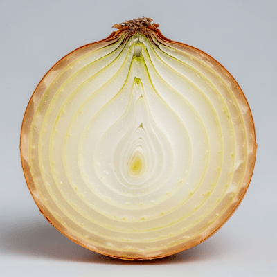 A detailed cross-sectional image of a Maui onion (onions) cut in half to reveal its internal layers and structure